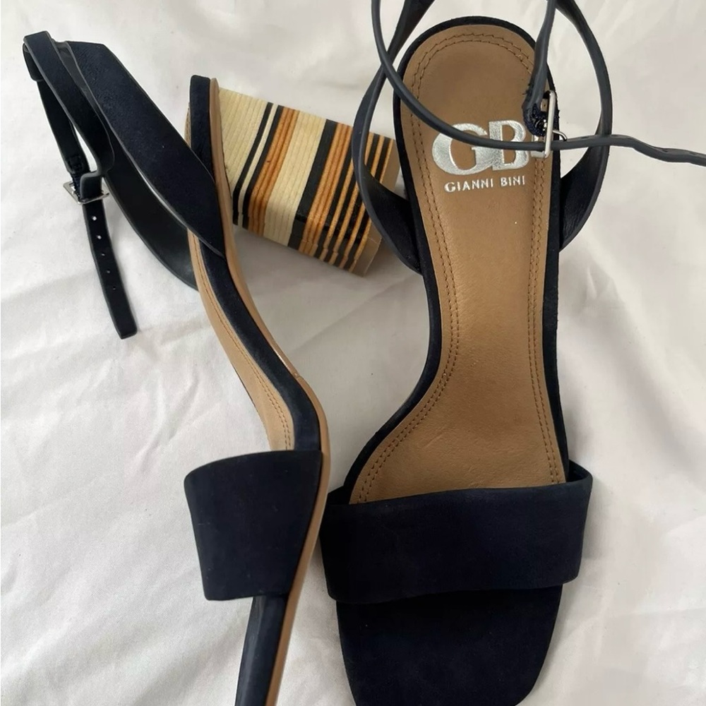 Gianni Bini Black and Tan Heels with Striped Block Heel - Picture 3 of 7